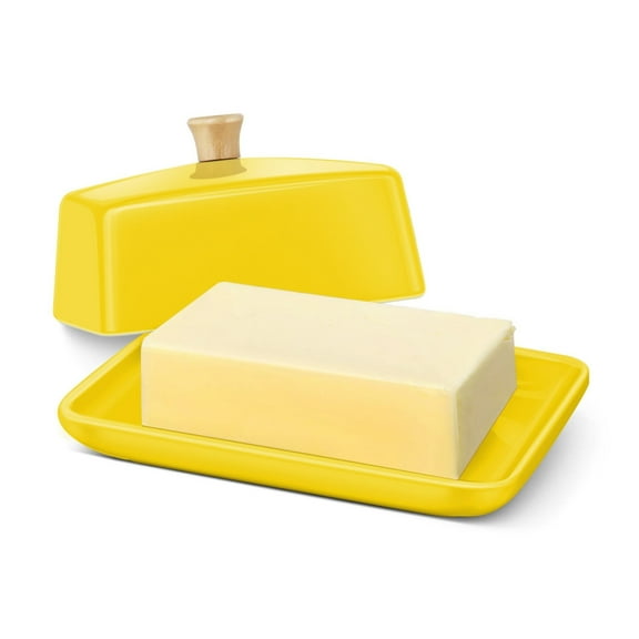Ceramic Yellow European Butter Dish with Lid for Countertop (7 Inch) - Wide 2 Stick Double Butter Holder for Counter, Cream Cheese Container Storage Keeper