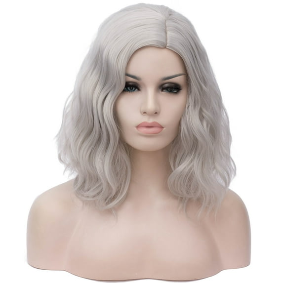 BERON Silver Grey Short Wigs Women Girls Curly Wavy Hair Wig 14" Body Bob Cosplay Party or Daily Use Wigs