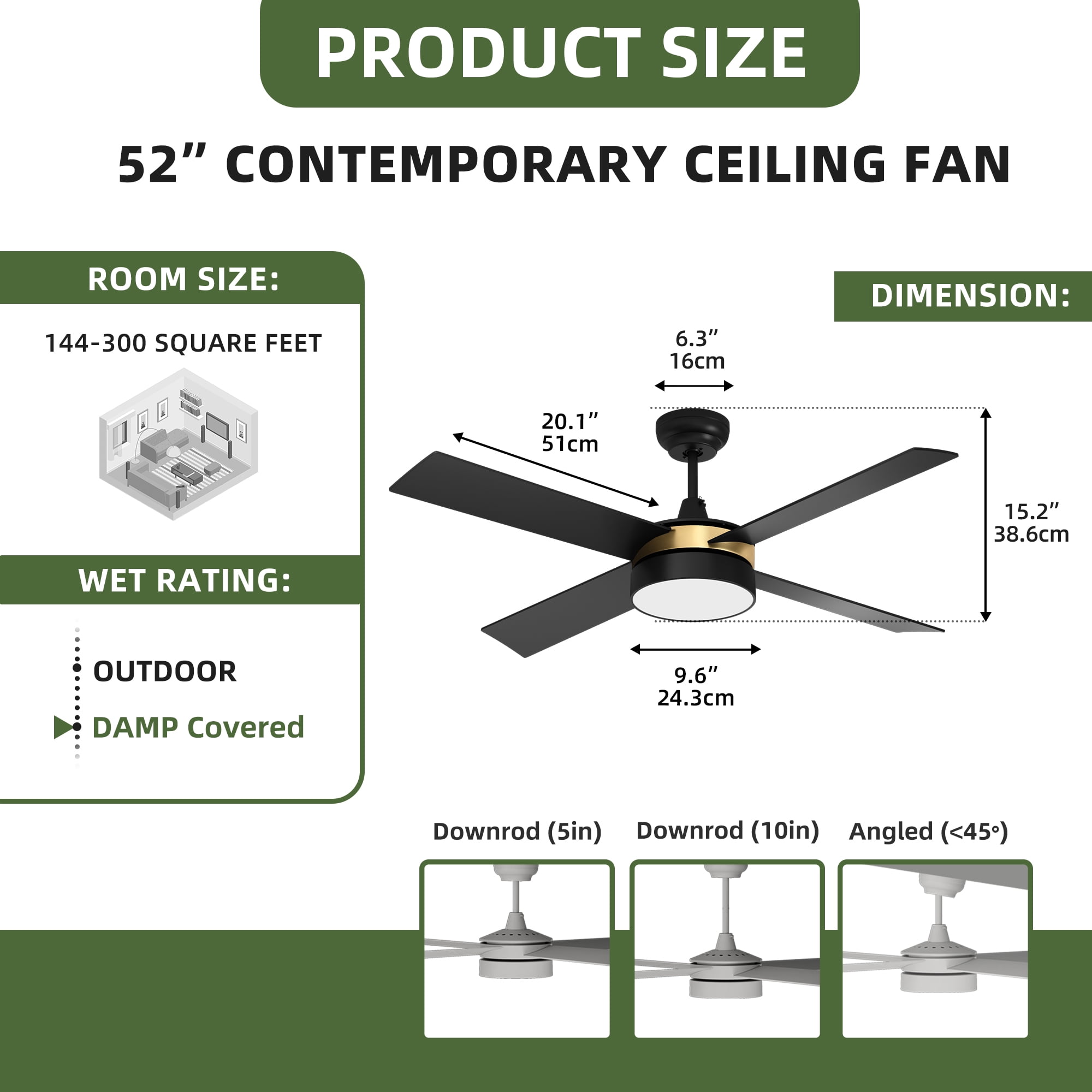 Uforic 52 Inch Black Gold Ceiling Fans with Light and Remote, Modern Dimmable Fan for Indoor Outdoor