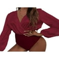 thumbnail image 2 of Combinaison Plissée Aguichant à Col en V Profond pour Femmes, Imprimé Léopard Patchwork Manches Longues, Rouge G, 2 of 5