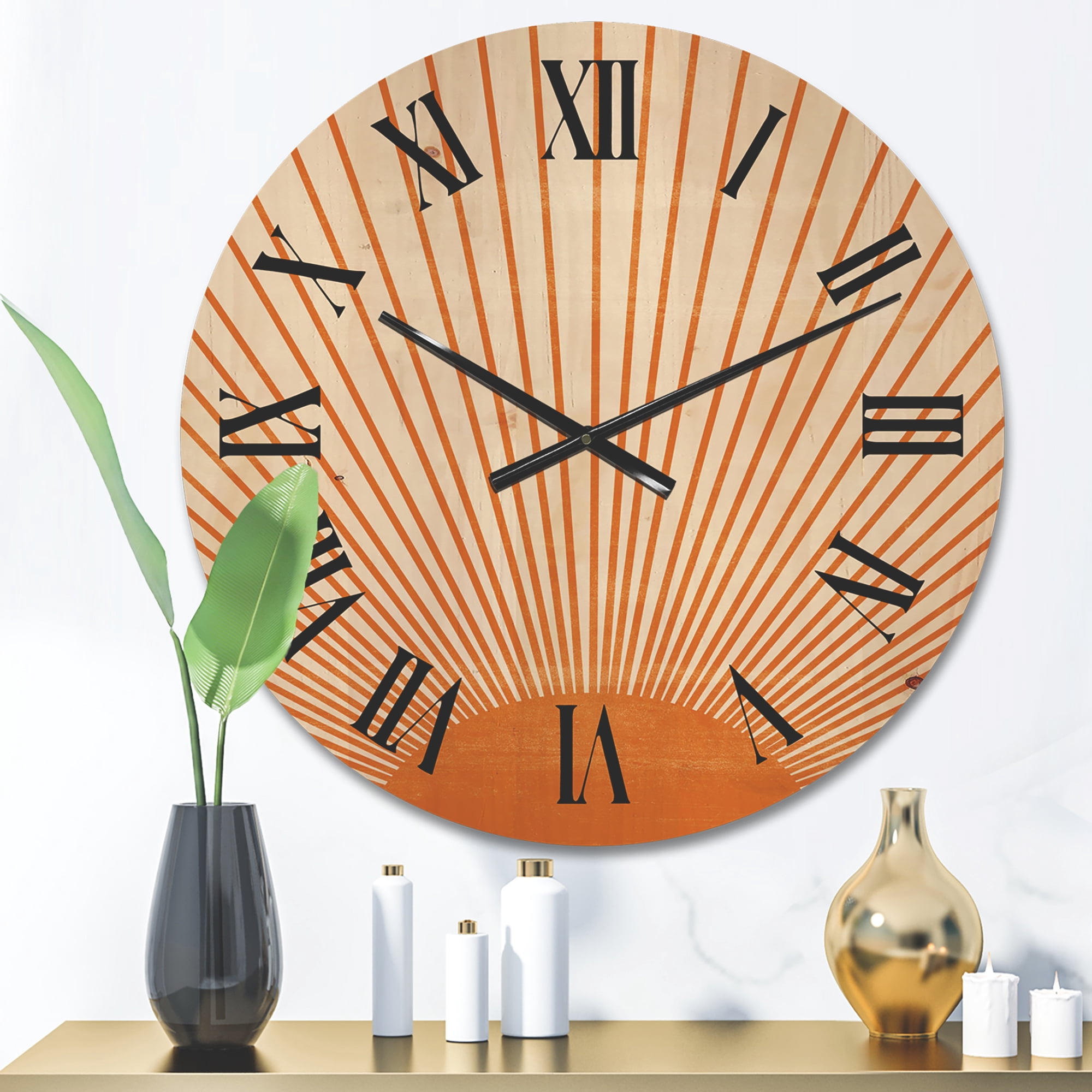 Designart 'Orange Sun Print On Beige III' Modern Wood Wall Clock