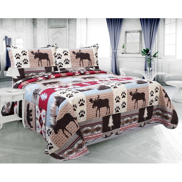 Marina Decoration Rich Printed Embossed Pinsonic Coverlet Bedspread Ultra Soft Bedding Summer Quilt Set with Shams, Cabin Moose Bear Pattern