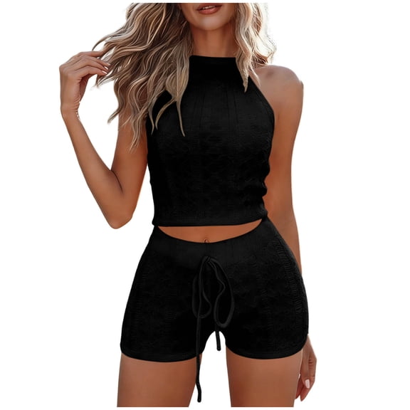 MOJOGO Women's 2 Piece Outfits Halter Neck Crop Top and Drawstring Shorts Casual Eyelet Summer Two Piece Set Black S