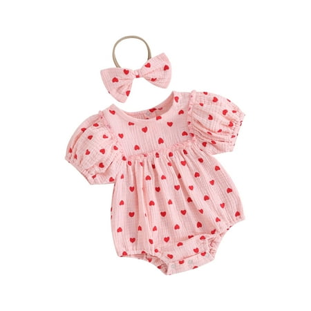 

Mioliknya Girl Valentine s Day Bow Headband Short Puff Sleeve Heart Romper