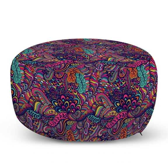 Psychedelic Pouf Cover with Zipper, Exotic Composition in Lively Colors Swirling Leaves and Petals Funky Seaweed, Soft Decorative Fabric Unstuffed Case, 30" W X 17.3" L, Multicolor, by Ambesonne