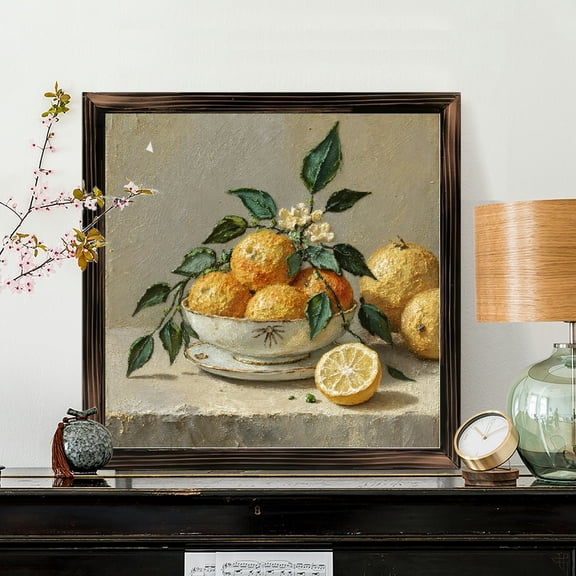 8x8 Inch Framed Wood Wall Art, Citrus Fruit Still Life Painting with Oranges and Lemons, Square Decorative Wood Panel for Kitchen Dining Room Decor 1pc