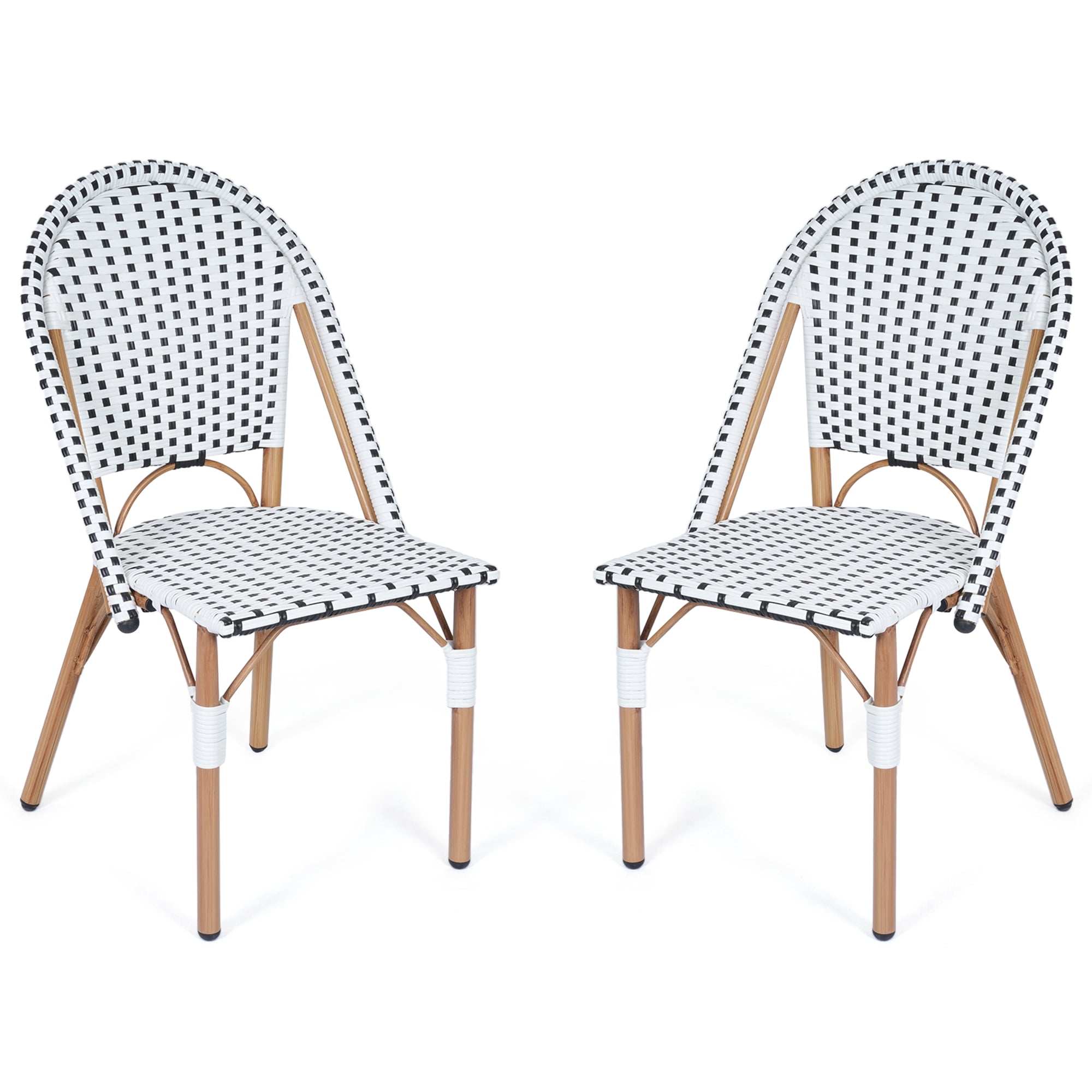 DELMANGO 2-Piece Wicker Outdoor French Bistro Chairs, Armless Patio Chairs, Stackable Dining Chairs with Metal Frame, White/Black