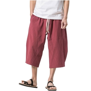 LIaqionyy Mens Cotton Capri Pants Loose 3/4 Long Shorts Elastic Waist Drawstring Casual Beach Baggy Pant M-5XL
