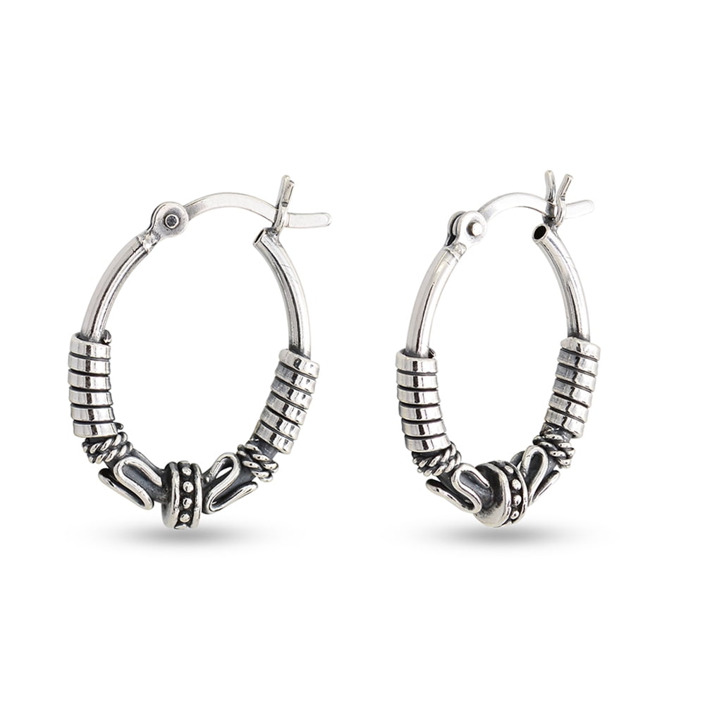 LeCalla 925 Sterling Silver Jewelry Light-Weight Oxidized Tribal Bali Hoop Earring for Women and Teen 20MM