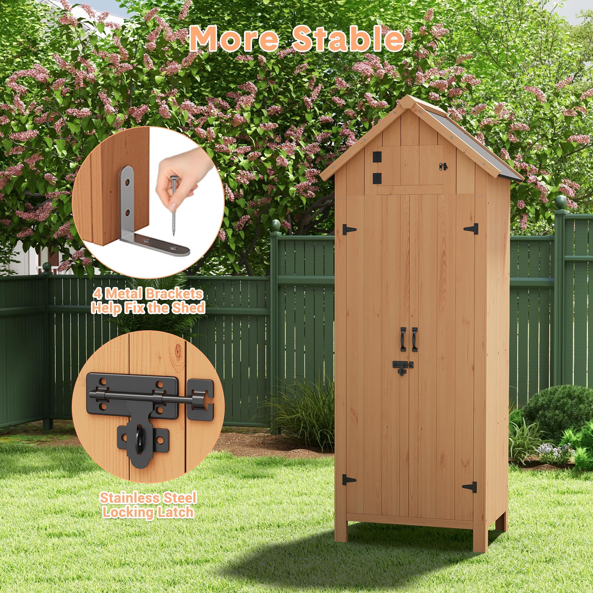 BouPower 63"/70" Waterproof Wooden Outdoor Storage Shed – Vertical Garden Cabinet with 3 Shelves, Lockable Door & Roof Storage, Space-Saving Design for Patio, Yard, or Lawn