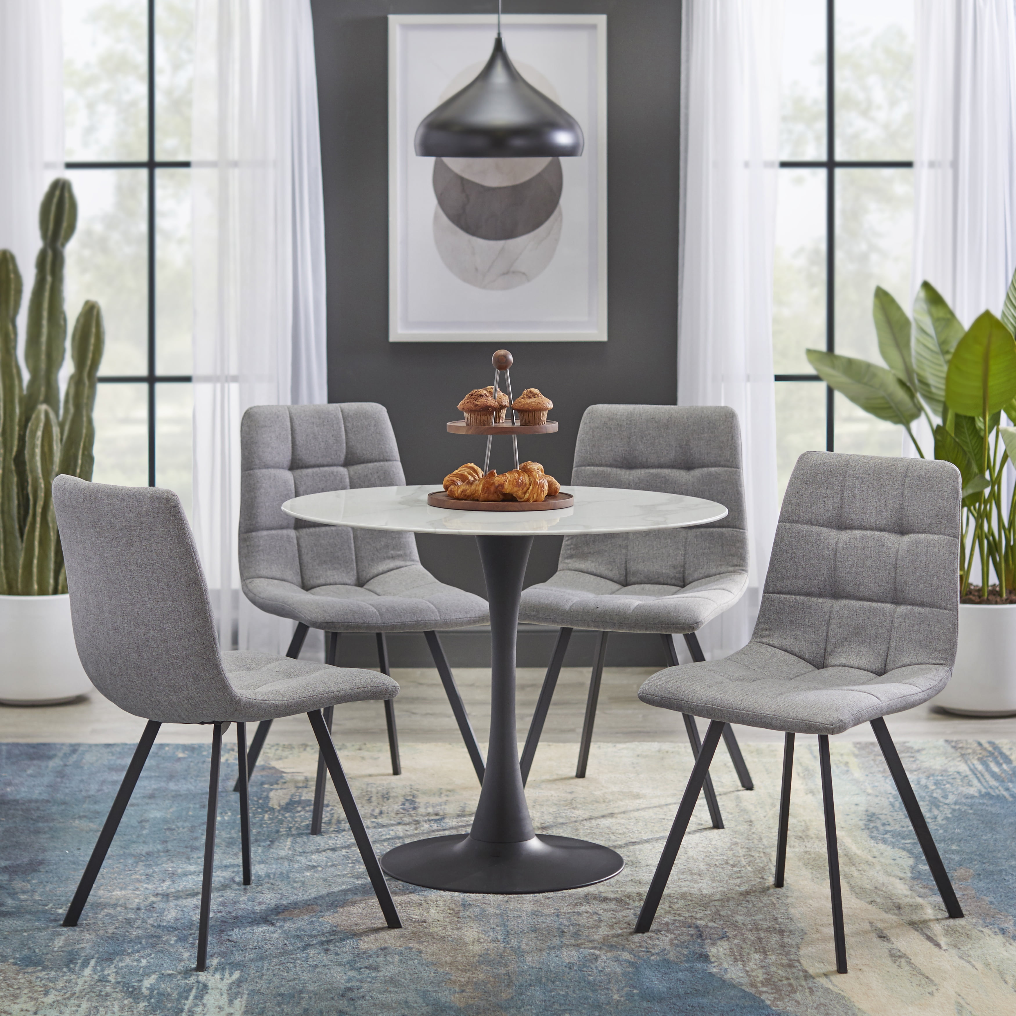 TMS Rho 35.5" Round Indoor Pedestal Dining Table, Black/White Faux Marble
