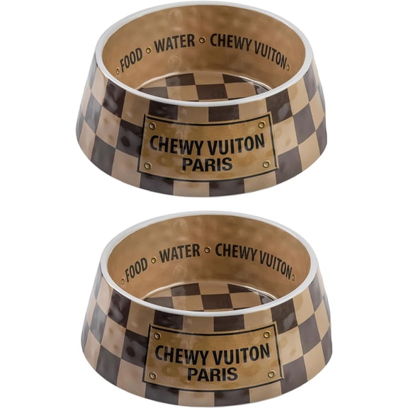 Haute Diggity Dog Chewy Vuiton BPA-Free Non-Skid Pet Bowls, Tan Checker, Medium, 2 Pack