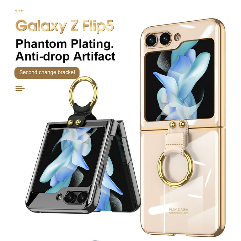 Feishell for Samsung Galaxy Z Flip5 2023 Clear Case with Metal Ring,Luxury  Fashion Plating Shockproof Anti-drop Kickstand Transparent Anti-yellowing  Slim Phone Case,Clear 