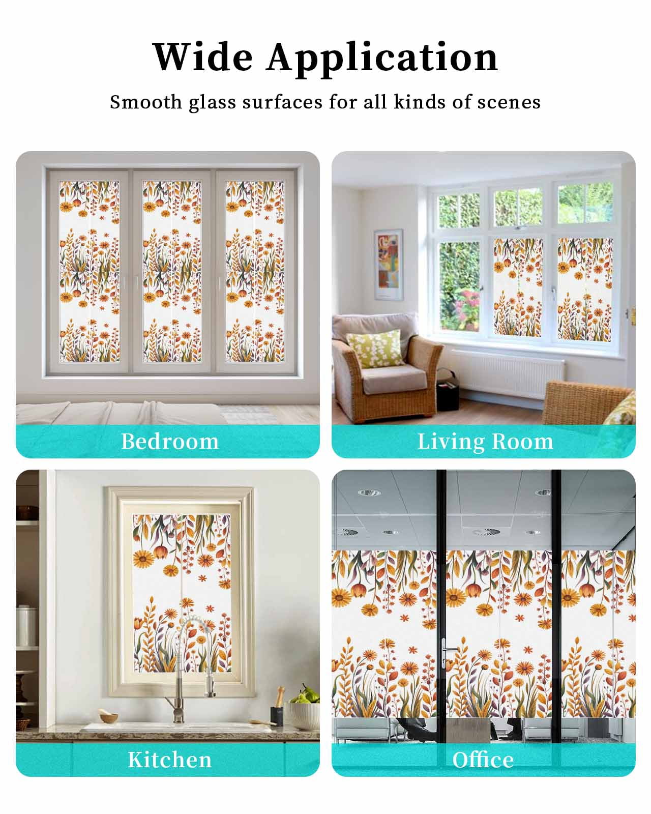Window Privacy Film Fall Flowers Stained Glass Window Film Decorative Sun Block Window Cover Farmhouse Watercolor Orange Floral Herbs Window Clings Static Adhesive Sticker for Bathroom 29.5"x78.7"