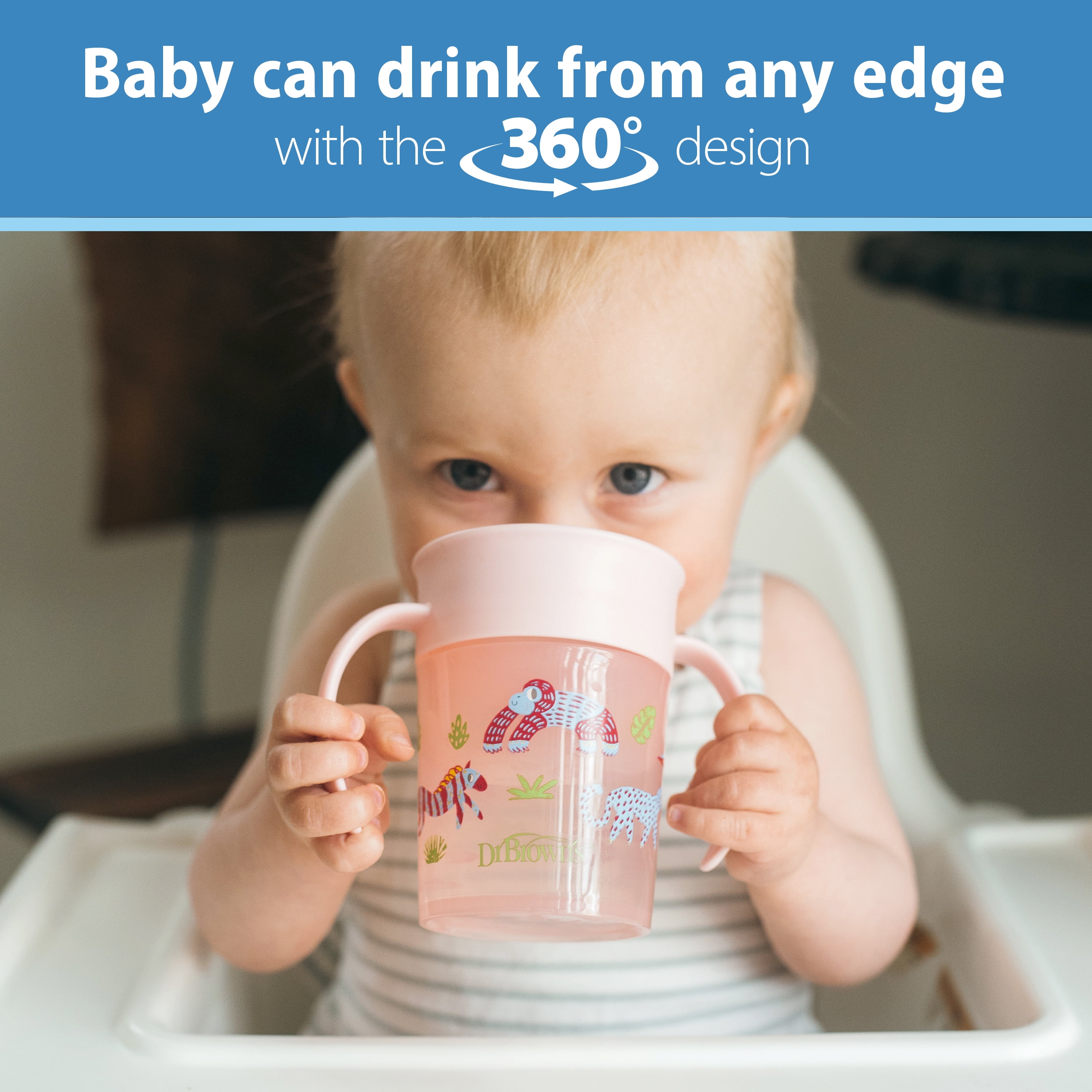 Dr. Brown's Milestones Cheers 360 Training Sippy Cups with Handles for Babies and Toddlers - Pink Animals - 7oz - 6m+