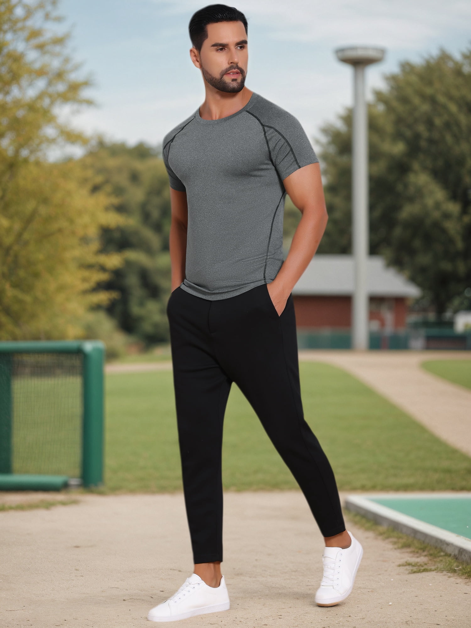 DARING DIVA Men's Workout Stretch Crew Neck Short Sleeve T-Shirt XL Gray