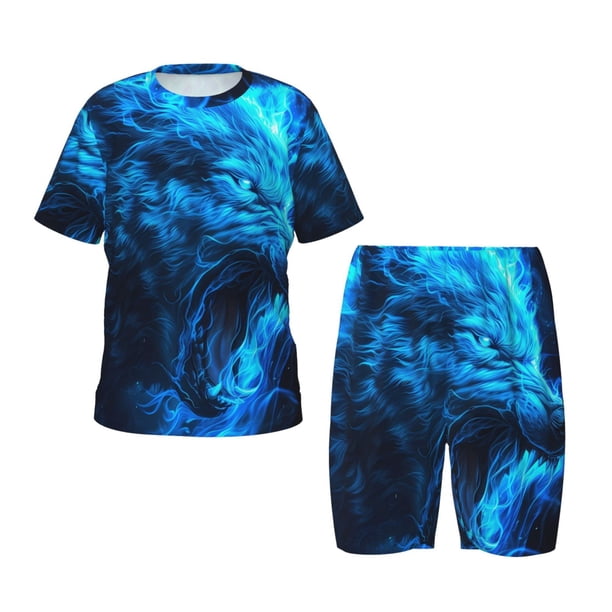 Fotbe Wolf Pijama Estampada de 2 Piezas para Niños – Ropa de Dormir de Manga Corta Cómoda para Niños y Niñas, Camiseta y Shorts de Algodón-Large
