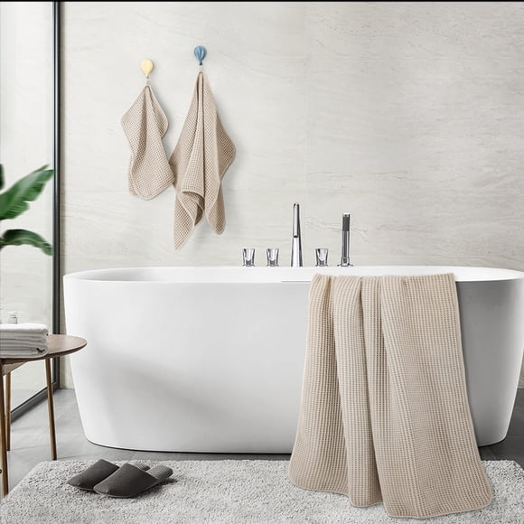 POLYTE Oversize 60 x 30 in. Quick Dry Lint Free Microfiber Bath Towel Set 6 Piece (Beige Waffle Weave)