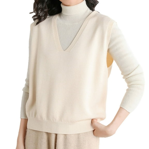 Yigetop Knit Vest Womens Knitted Vest Sleeveless V Neck Plaid Knit Sweater Vest Crop Tank Women's Sweater Vests Beige L