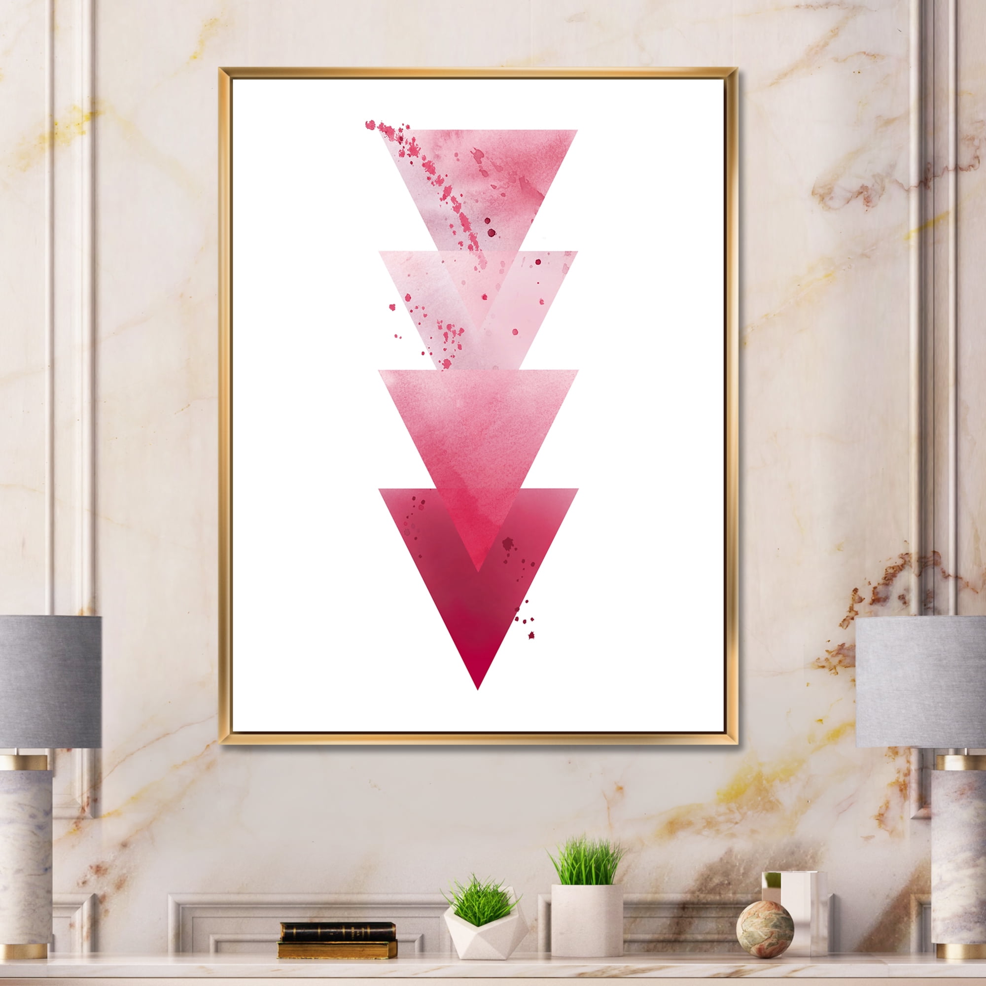 Designart 'Abstract Geometric Art Red Triangles Composition' Modern Framed Canvas Wall Art Print