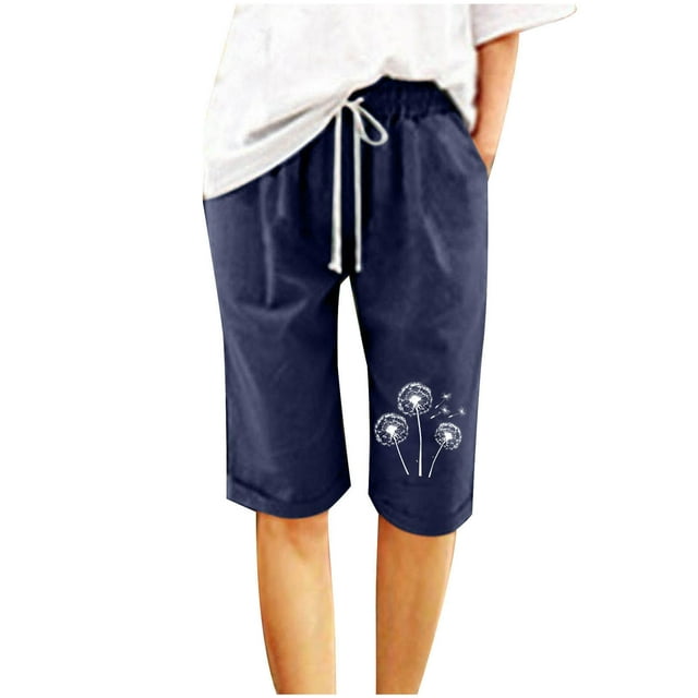 Gspmoly Shorts de Course pour Femmes, Shorts pour Femmes en Coton et Lin à Imprimé Tendance, Taille Élastique, Pantalon 5 Pouces à Cordon, Shorts 5 Pouces, Shorts de Randonnée pour Femmes jusqu'à 60 % de Rabais Bleu Marine TTG