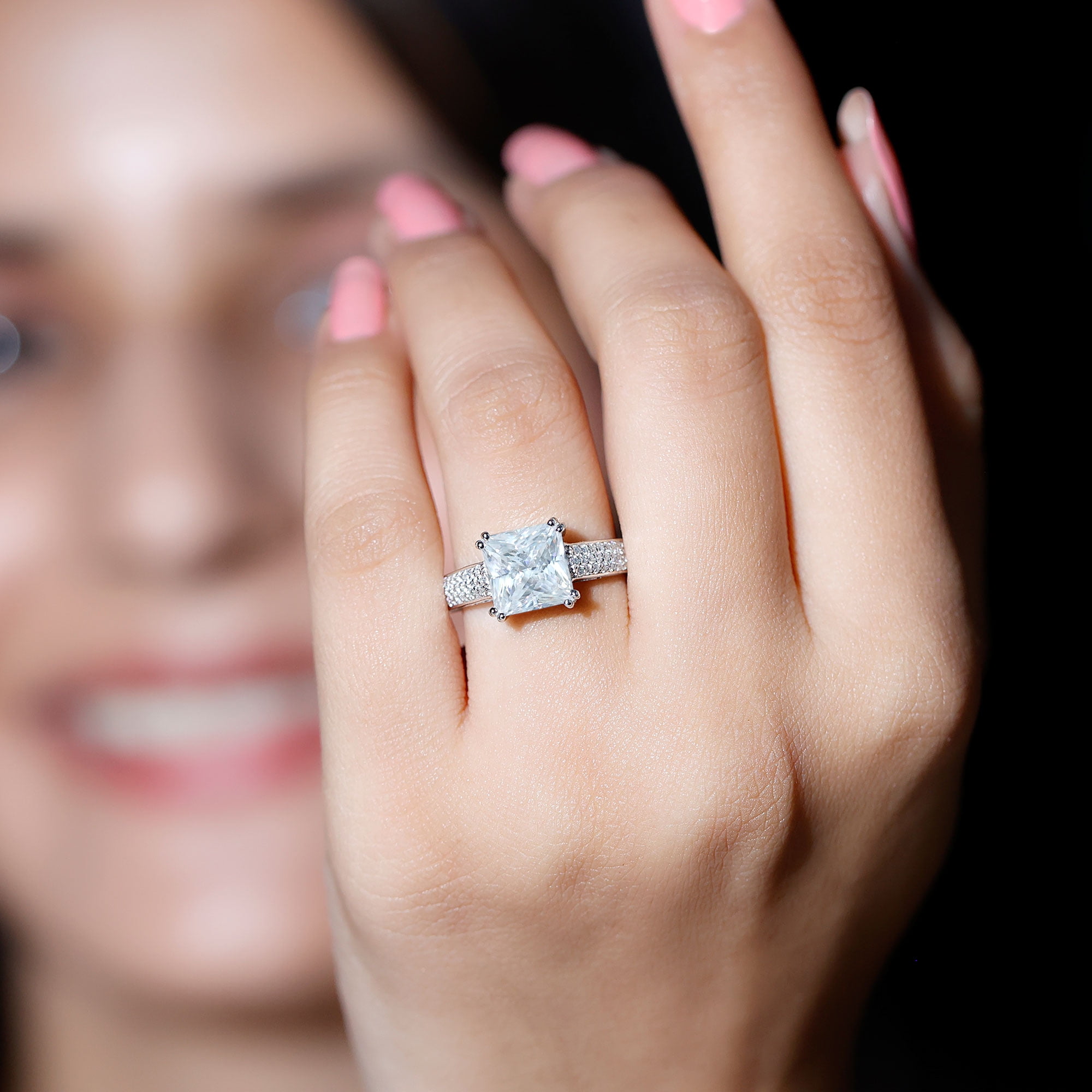 Rosec Jewels Certified Princess Cut Moissanite Wedding Engagement Ring for Women, 3 Carat, D-VS1 Quality - with Jewelry Box, 10K White Gold, US 10.00