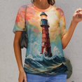 thumbnail image 6 of Lighthouse Sunrise Coast Scenery Pale Blue Tan Women's Short Sleeve T-Shirt Crew Neck Casual Summer Trendy Loose Fit Tops, 6 of 6