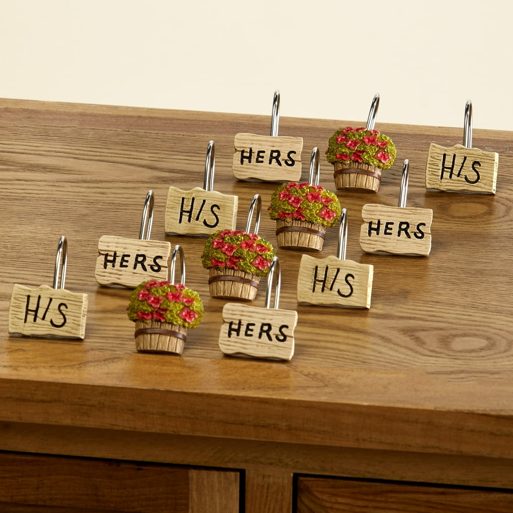 His and Hers Outhouse Themed Bathroom Shower Curtain Hooks Set of 12