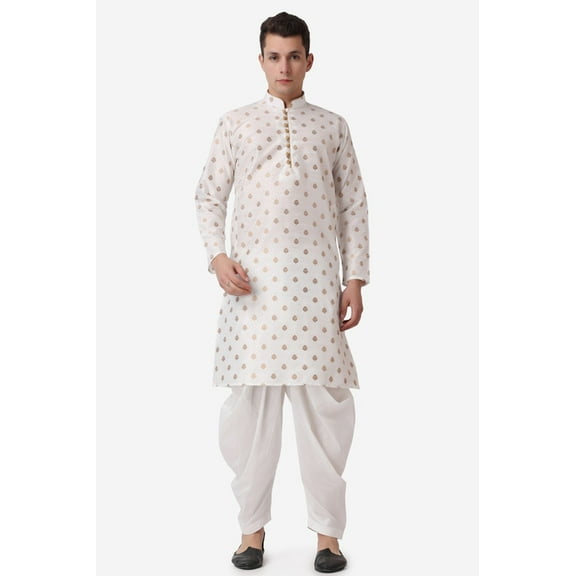 Royal Kurta Elegant Cream Jacquard Silk Printed Long Kurta and White Salwar for Men