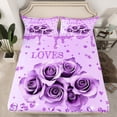 thumbnail image 2 of Feelyou Romantic Rose Flower Twin Sheet Sets, Dreamy Sequin Print Purple Twin Fitted Sheet, Couple Anniversary Theme Flat Sheet, Lightweight Room Decor, 3 Pieces, 2 of 7