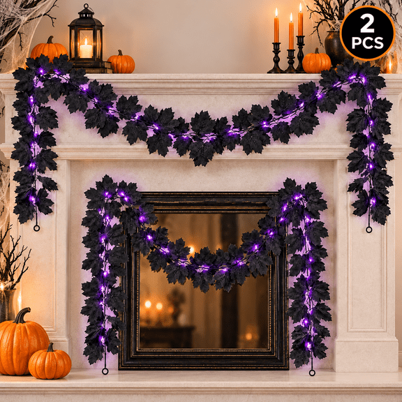 Halloween Garland Black Leaf Hanging Garland with Purple Lights Artificial Maple Leaf Fall Fake Garland Hanging Decorations 5.7Ft 30 Lights,2 Pack