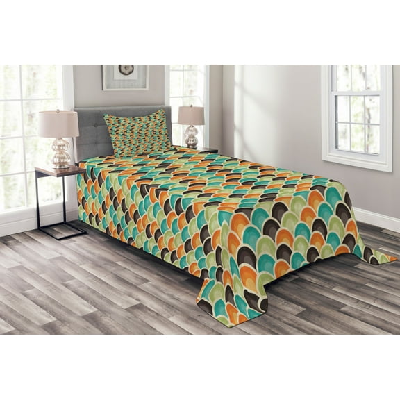 Ambesonne Geometric Quilted Bedspread Set 2 Pcs, Colorful Half Circles, Twin Size, Multicolor