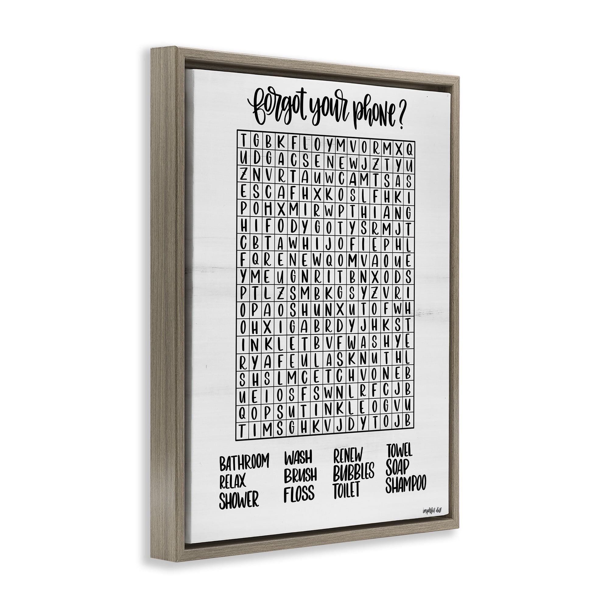 Stupell Industries Forgot Phone Bathroom Wordsearch Brown Framed Floater Canvas Wall Art, design by Imperfect Dust