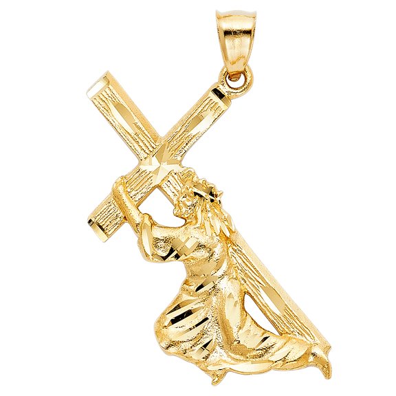 Wellingsale 14K Yellow Gold Polished Diamond Cut Religious Jesus Carrying Cross Charm Pendant