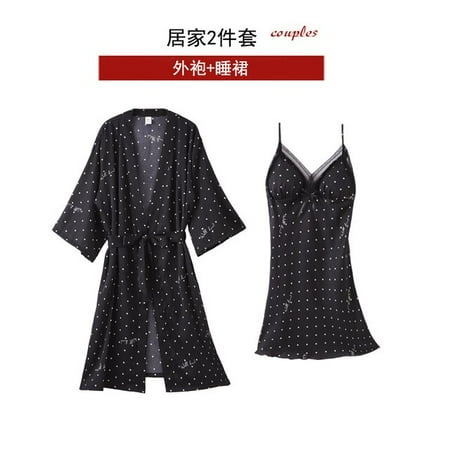 

PIKADINGNIS 2 Pcs Sexy Silk Robe Set Spring Summer Satin Print Sexy Nightgowns Bathrobe Women Pajamas Bath Rayon Robe Sleepwear Womens Dress