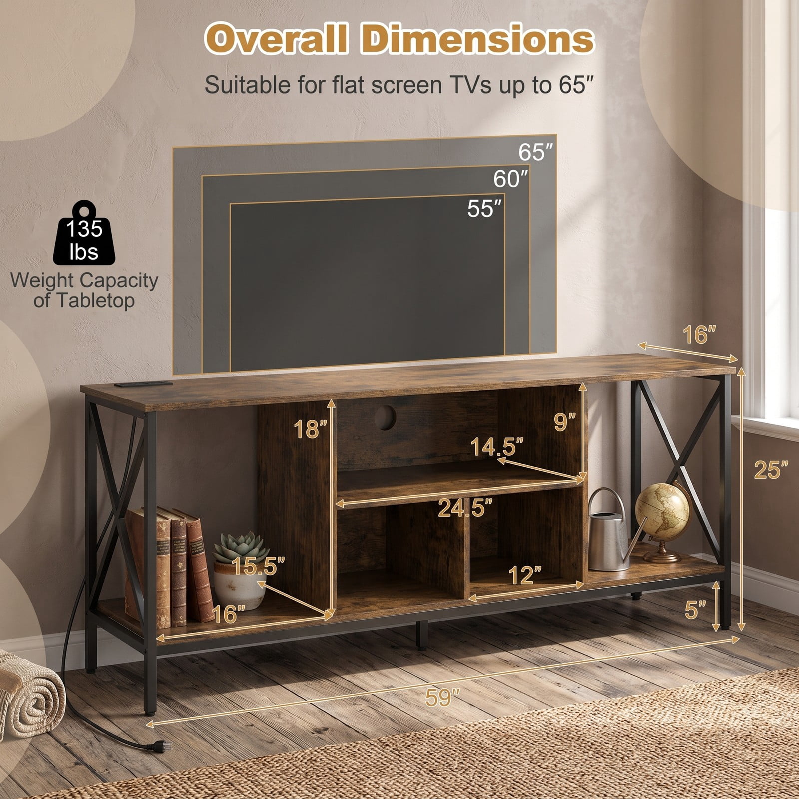 Furnibear LED TV Stand for 65 Inch TV, Entertainment Center with Power Outlets and USB Charging Station, Modern Media Console with 5 Open Shelves and, Rustic Brown
