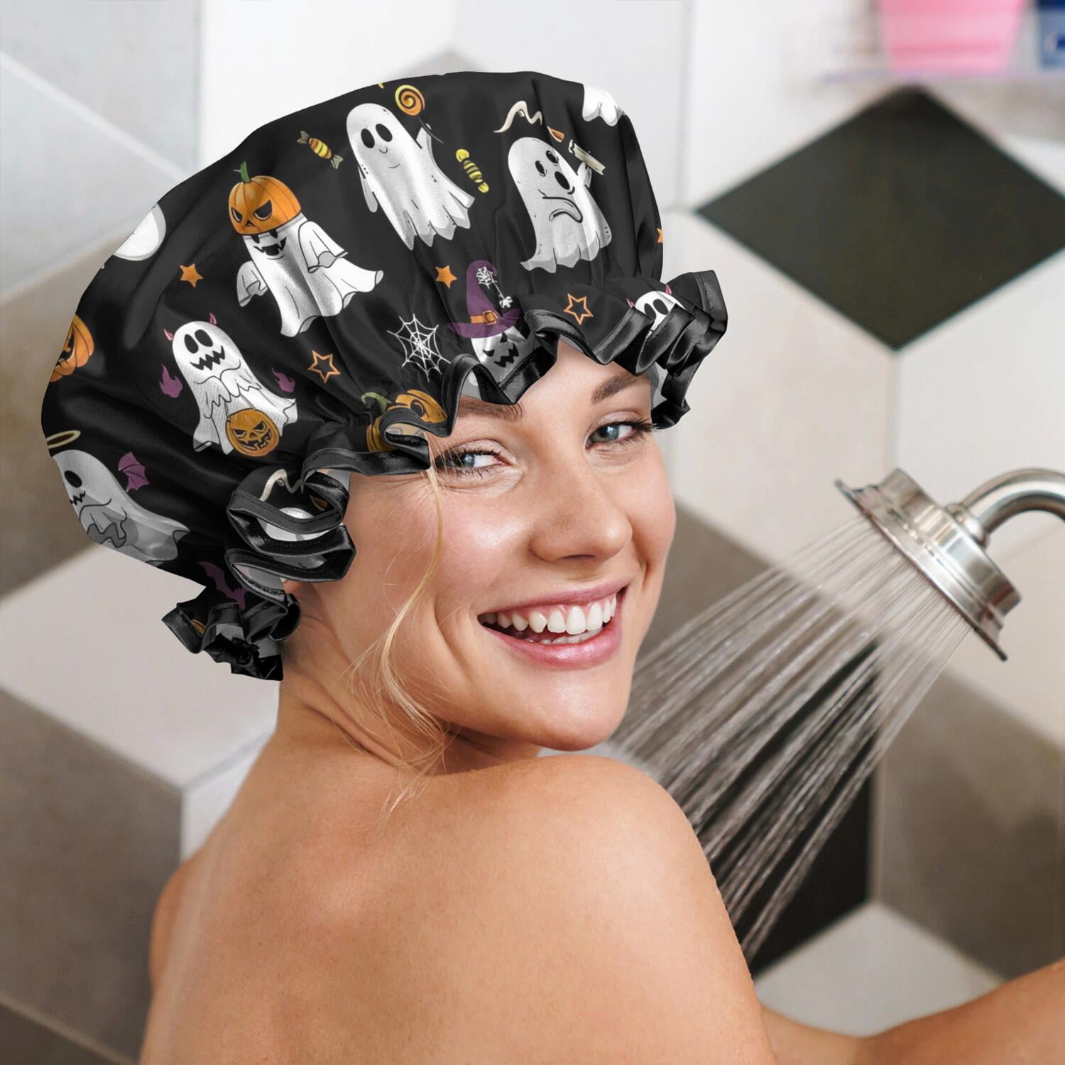 Shower Caps,Black Halloween Ghosts and Pumpkins Waterproof Shower Cap for Women 4 Pieces,Double Reusable Hair Cover for Shower PEVA Elastic Stretch Hem