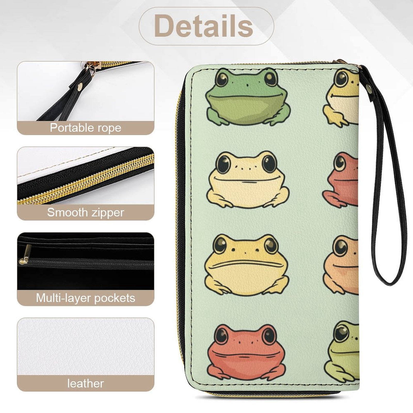 Womens Wallet Bifold Ladies Cluth Bag Wristlet Wrist Strap Long Purse Cute Frog Design
