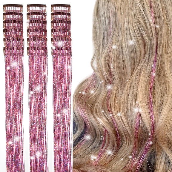 BZCOE Hair Tinsel Clip Inpcs of 18Pcs 20In Clip in Hair Tinsel Pink Glitter Tinsel Hair Extensions Fairy Hair Clips Party Dazzle Hair Accessories for Girls Kids Women(Pink-18 Pcs)