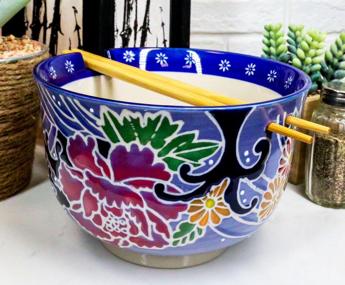 Blue Floral Breeze Ramen Noodles Large 6.25'D Pho Soup Bowl With Chopsticks Set