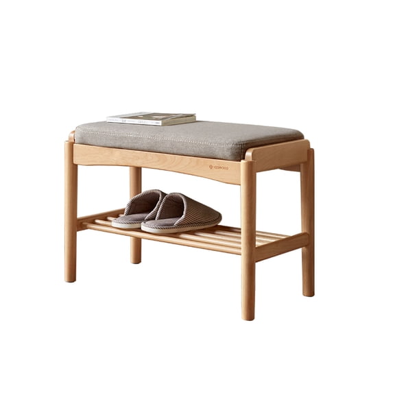 Wooden Storage Benches (Gray) Natural Solid Wood Shoe Bench, Mid-Century Modern Storage Bench with High Rebound Sponge Cushion for Entryway and Living Spaces,Indoor Storage Benches