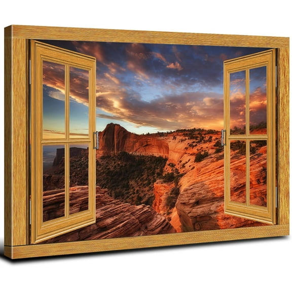 Fake Window Frame Mountains Wall Art Burnt Orange Skyline Rocks Photography Pictures for Living Room National Parks Landscape Canvas Prints Modern Artwork Office Bedroom Bathroom Home Decoration12x16"