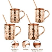AVADOR Handcrafted Cylindrical Shape Straight 100% Pure Copper Moscow Mule Mugs Hammered Finish 16 Oz. Gift Set Boxed with Shot Glass (Set of 4)