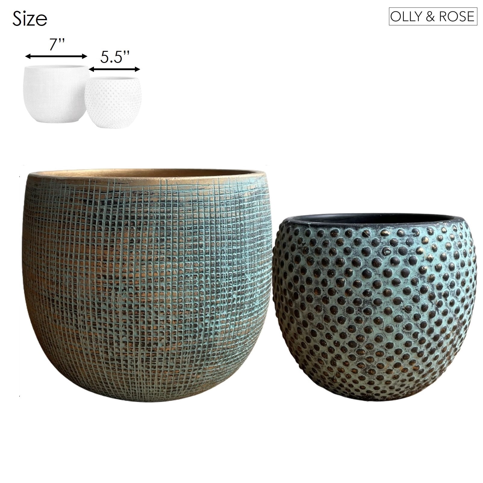 Olly & Rose Ceramic Green Gold Plant Pot Set 2 - 6.8" and 5.5" Indoor Planters Cement Outdoor Flower Pots
