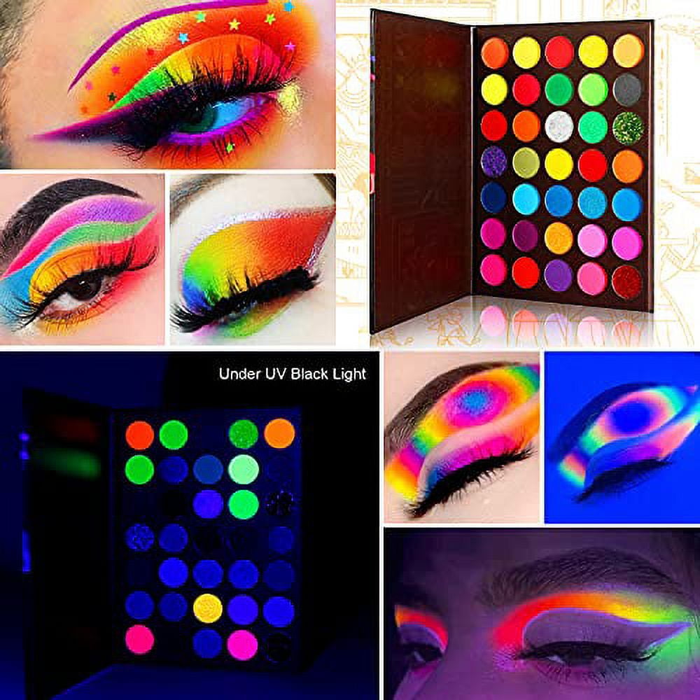 Neon Glitter Eyeshadow Palette Makeup,Afflano UV Glow Blacklight Highly Pigmented Palette Eye Shadow Pallets,Matte Bright Colorful Rainbow Blue Red