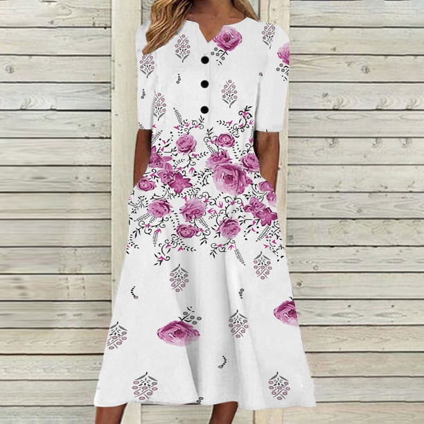 ICHUANYI Clearance Women Fashion Summer Casual Short Sleeve V-Neck Printing Dress Loose Dress(Pink, S) ICHUANYI WER2023080816187