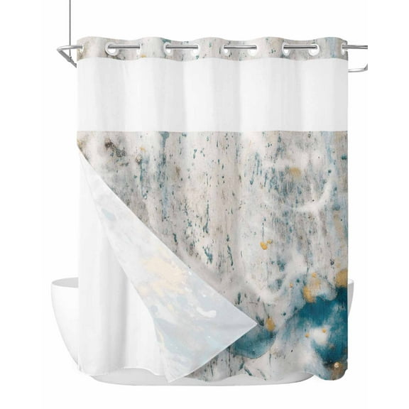 No Hook Cloth Fabric Shower Curtain with Snap in Liner, Teal Gray Glod Waterproof Shower Curtains Set with See Through Top Window, Modern Minimalist Abstract Gradient Art Bath Curtains Shower 72"x78"