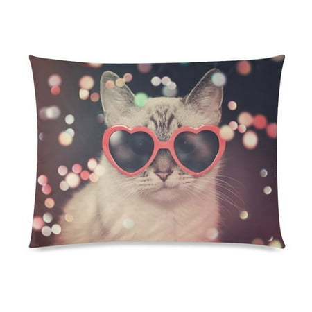 ZKGK Hipster Sunglasses Polka Dot Cat Sparkles Pillowcase Standard Size 20 x 30 Inches Two Side,Cat Wear Red Heart Sunglasses Color Sparkles Pillow Cases Cover Set Shams Decorative