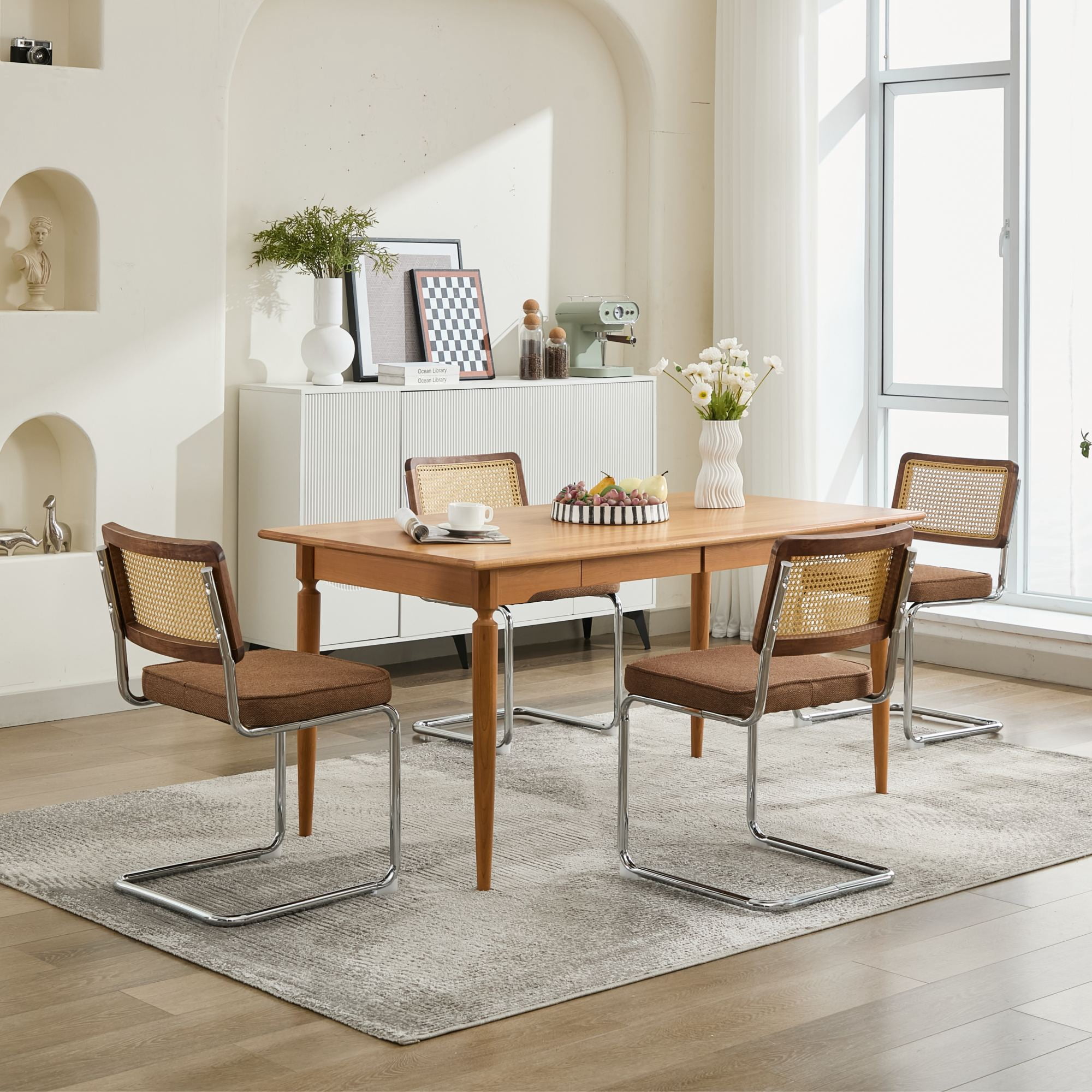 Aukfa Linen Dining Chair Set of 2, Cantilever Upholstered Kitchen Side Chairs Accent Chair with Rattan Back & Stainless Chrome BaseCoffee