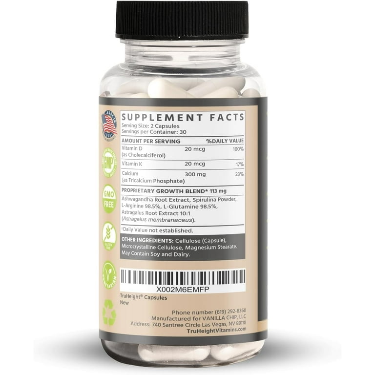 TruHeight Capsules - Height Growth Supplement - Grow Taller with Vital Nutrients for Kids & Teens - Keto with Ashwaganda & Nanometer Calcium - Increase Bone Strength, Ages 5+